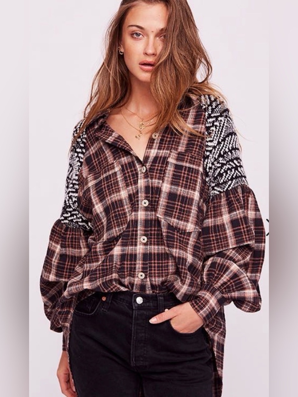 Free People Fireside Nights Button Down Shirt Women Med Plaid Mixed Media Boho